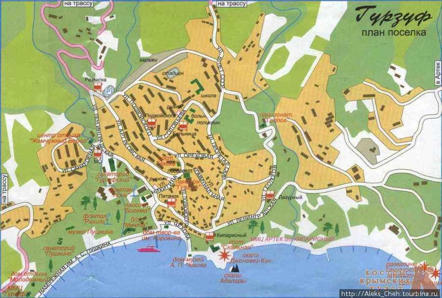 Карта гурзуфа с отелями, достопримечательностями, курортами, транспортом